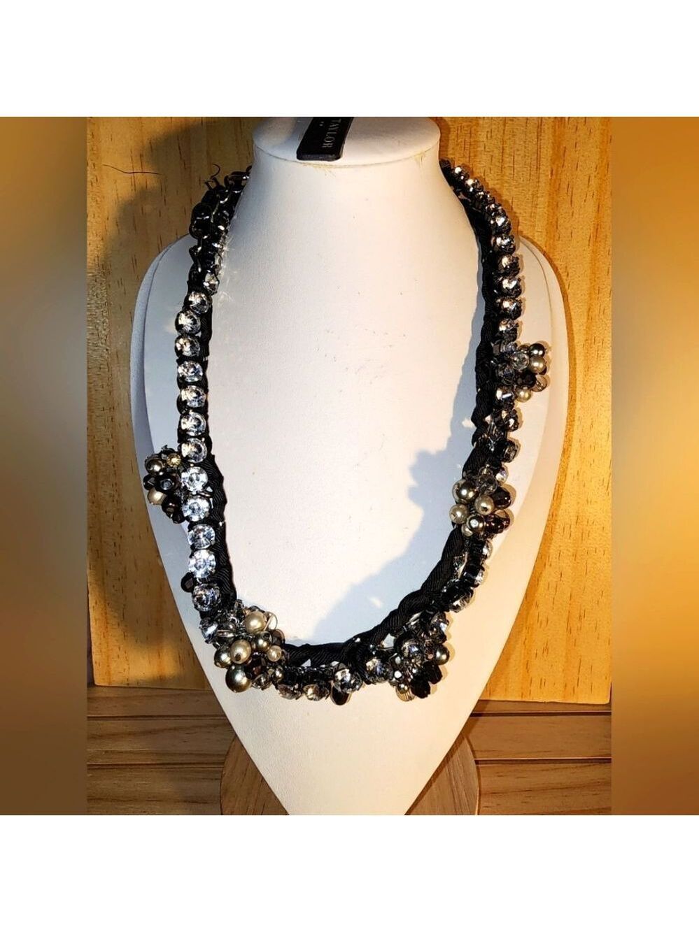 Ann Taylor Black Ribbon Faux Diamond And Pearl Cluster Necklace 18" NWT